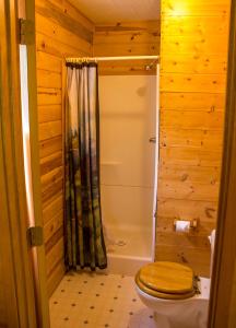 a wooden bathroom with a toilet and a shower at Midnight Sun Log Cabins in Moose Pass