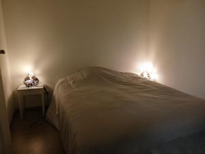a bedroom with a bed and two lights on the wall at Studio familial avec terrasse, proche de Metz in Rémilly