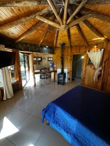a bedroom with a blue bed in a wooden room at Reserva los Bollenes in Constitución