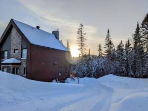 un fienile ricoperto di neve con il sole sullo sfondo di Boho Vibes Cottage a Sainte-Lucie-de-Doncaster