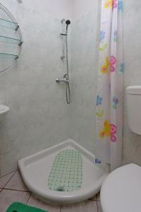 y baño con ducha, aseo y cortina de ducha. en Family friendly house with a swimming pool Dolenja Vas, Central Istria - Sredisnja Istra - 24528, en Dolenja Vas