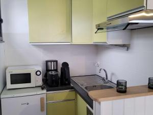 une petite cuisine avec un évier et un micro-ondes dans l'établissement Studio cosy 4/5 pers, pied des pistes, balcon exposé ouest - FR-1-458-253, au Chinaillon 8 autres photos