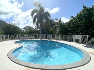une piscine dans une cour avec un palmier dans l'établissement Cocotier Charme, Confort & Détente près dOrient Bay - FR-1-734-78, à Cul de Sac