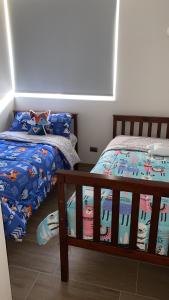 拉塞雷纳La Serena Apartment的一间卧室配有两张单人床和一张四柱床。