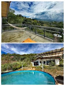 dos fotos de una casa y una piscina en Entre Nubes, en Nocaima