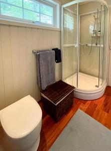 Un baño con ducha, inodoro y bañera. en Sjøutsikt Og Skogsro På Rødtangen, en Berger 14 fotos más