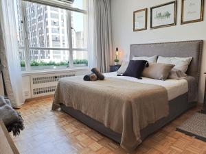 Un dormitorio con una cama con un osito de peluche encima. en PORTEñO CENTRAL apart GALERIAS PACIFICO, en Buenos Aires