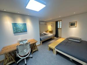 首尔Neovill的一间卧室，有两张床和一张书桌