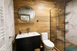 a bathroom with a toilet and a sink and a mirror at Петров 3 in Bŭnzareto +19 photos