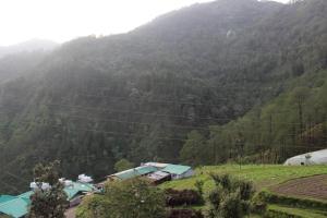ナイニタールにあるThe Blessings Annexeの山の前の丘の上の家屋群