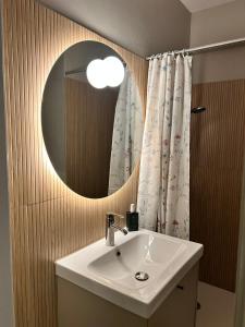 a bathroom with a sink and a mirror at Petit Nice Oostende in Ostend +25 photos