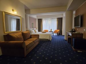 バカウにあるHotel Dumbravaのベッドとソファのあるホテルの部屋