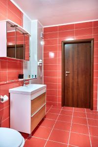 エフォリエ・スドにあるApartament Madagascar Boutik Cytadellの洗面台と木製のドアが付いた赤いバスルーム +49枚の写真