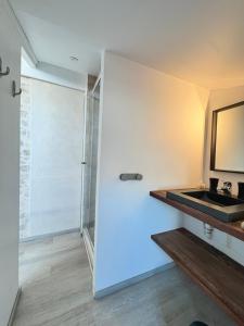 a bathroom with a glass shower and a sink at Holiday in Arles -Maison du Centre Historique in Arles +18 photos