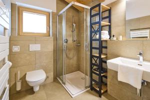 a bathroom with a toilet and a shower and a sink at Filzsteinresort Chalets - Chalet 235 in Krimml +26 photos