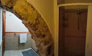 Un baño con pared de piedra y ducha. en La Dimora in Pietra, en Montenero Val Cocchiara 41 fotos más