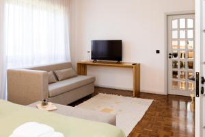 a living room with a couch and a flat screen tv at Azurara Guesthouse in Azurara