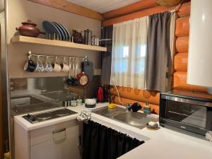 a small kitchen with a sink and a stove at Jaundzelves in Stacija )) (( Ozoli
