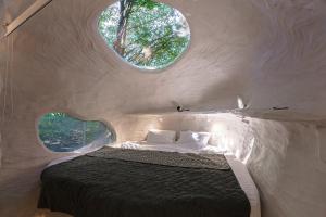 a bedroom with a bed with two circular windows at Serenity Lodge in Dragomirna