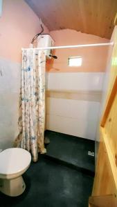a bathroom with a toilet and a shower curtain at Casita Amor in Puerto Libertad