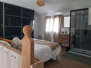 a bedroom with a bed and a glass shower at L'échappée Der in Braucourt +17 photos