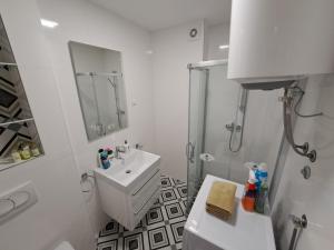 バニャ・ルカにあるMonia Apartmanの洗面台とシャワー付きの白いバスルーム +16枚の写真