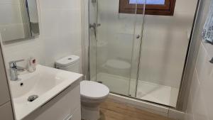 a bathroom with a shower and a toilet and a sink at Casa Palmeres in Torroella de Montgrí +12 photos