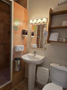 a bathroom with a sink and a toilet and a mirror at Hôtel Le Colbert in Avignon +39 photos