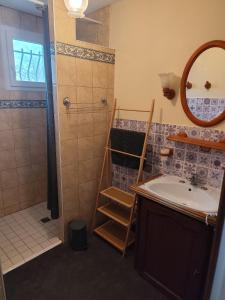 ein Badezimmer mit Waschbecken und Dusche mit Spiegel in der Unterkunft Maison de vacances en Dordogne in Lanquais