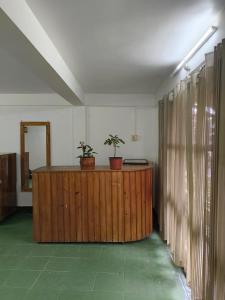 a room with a wooden desk with two potted plants on it at Sirful Homestay in Pedong