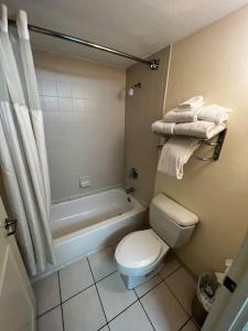 une salle de bain avec toilettes, baignoire et lavabo dans l'établissement Coastal Comfort Beachfront On the Ocean Condo, à Ortona