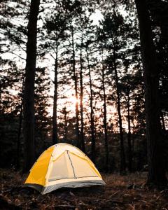 a yellow and white tent sitting in a forest at KA Tent 