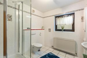 a bathroom with a shower and a toilet and a sink at Ferienwohnung Fischer in Heringhausen +13 photos