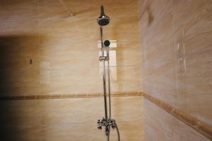 a shower in a bathroom with a wooden wall at Bon Bini Residence in Kampala
