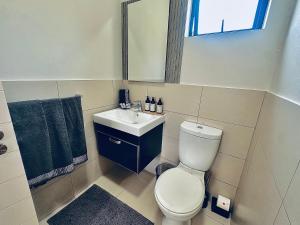 a bathroom with a toilet and a sink and a mirror at 2Bed in exquisite golf estate! in Roodepoort +36 photos
