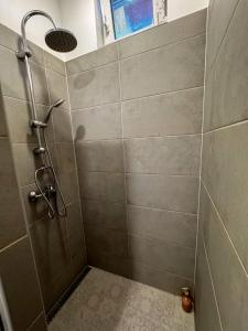 a shower stall with a shower head in a bathroom at Cozy Modern Studio in Debrecen