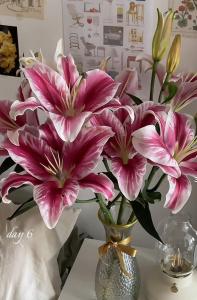 un vase rempli de fleurs roses sur une table dans l'établissement Habitación de lujo, à Saint-Jacques-de-Compostelle