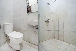two pictures of a bathroom with a toilet and a sink at OYO 94818 Sabina House Syariah in Blitar +32 photos