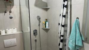 a bathroom with a shower with a glass door at Old Town Sidro Apartment in Sarajevo