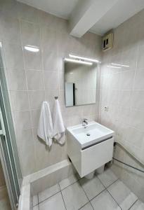 a white bathroom with a sink and a mirror at Appartement Cosy & Spacieux - Centre ville in Strasbourg