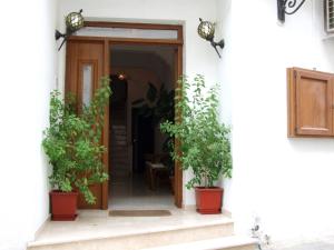 une entrée à un bâtiment blanc avec des plantes en pot dans l'établissement Maria Studios, à Skiathos Chora