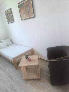 a room with a bed and a chair and a table at HannaFlora in Mali Iđoš