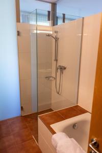 un baño con ducha y lavabo en Lebensfreude, en Dornbirn 25 fotos más