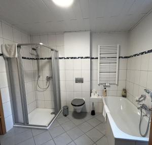 a bathroom with a shower and a tub and a toilet at FEWO Unterm Stein - Hänsel & Gretel - 2 Schlafzimmer in Alheim