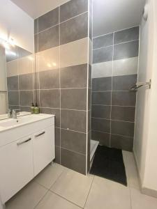 a bathroom with a sink and a shower at Escale Détente Genas proche Eurexpo in Genas