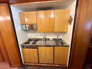 una pequeña cocina con fregadero y armarios de madera. en Bilocale Des Alpes 204 - Serafini, en Madonna di Campiglio 4 fotos más