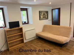 a living room with a couch and a tv at La maison de Maxou in Briare