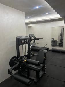 Un gimnasio con varias máquinas de correr y un espejo. en Apartman Vidik Spa & Gym Zlatibor, en Zlatibor