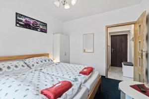 ein Schlafzimmer mit einem Bett mit roten Kissen darauf in der Unterkunft Hotel V Pivovaře Davle in Davle