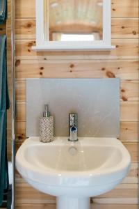 a bathroom with a white sink and a mirror at Shepherd's Huts in Barley Meadow at Spring Hill Farm in Oxford